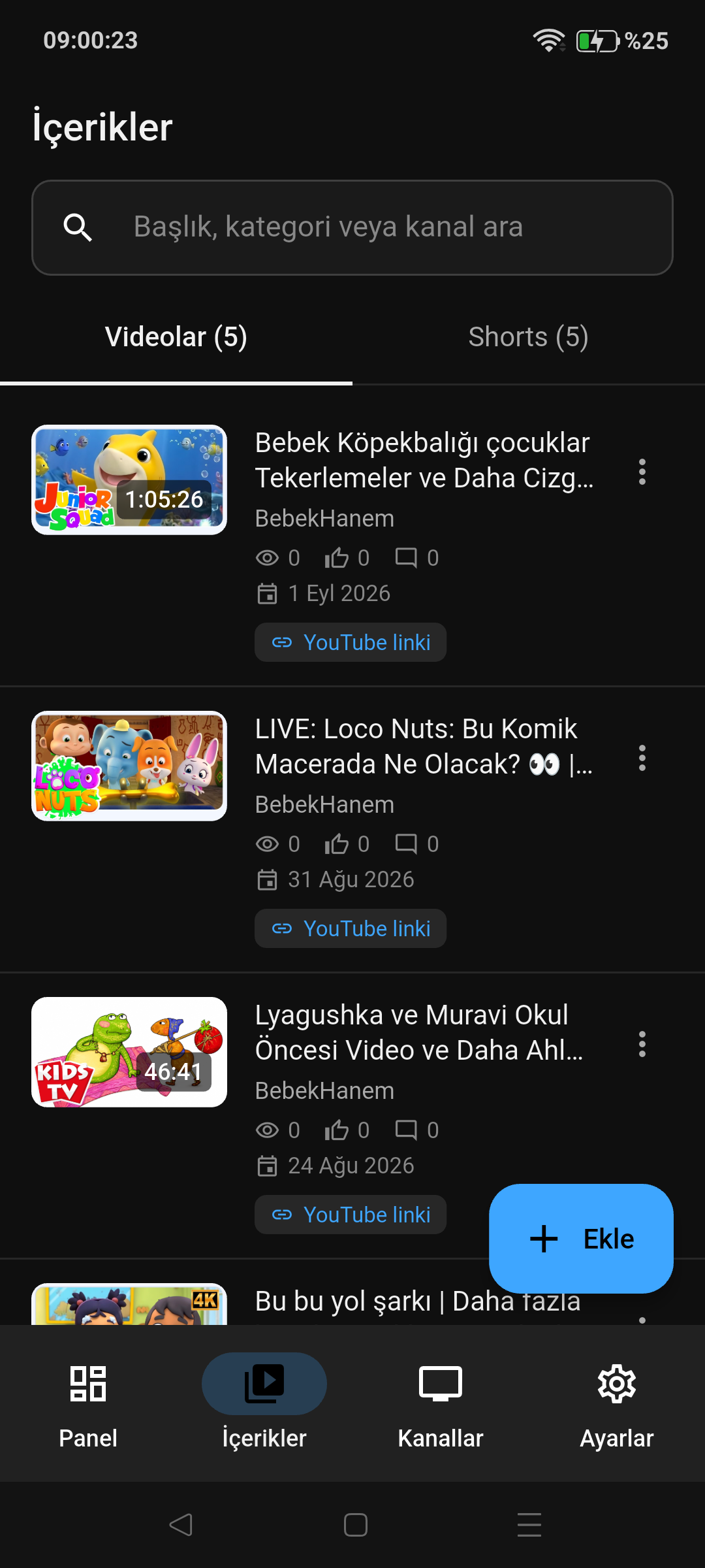 BebekHanem ebeveyn içerik yönetimi ekranı