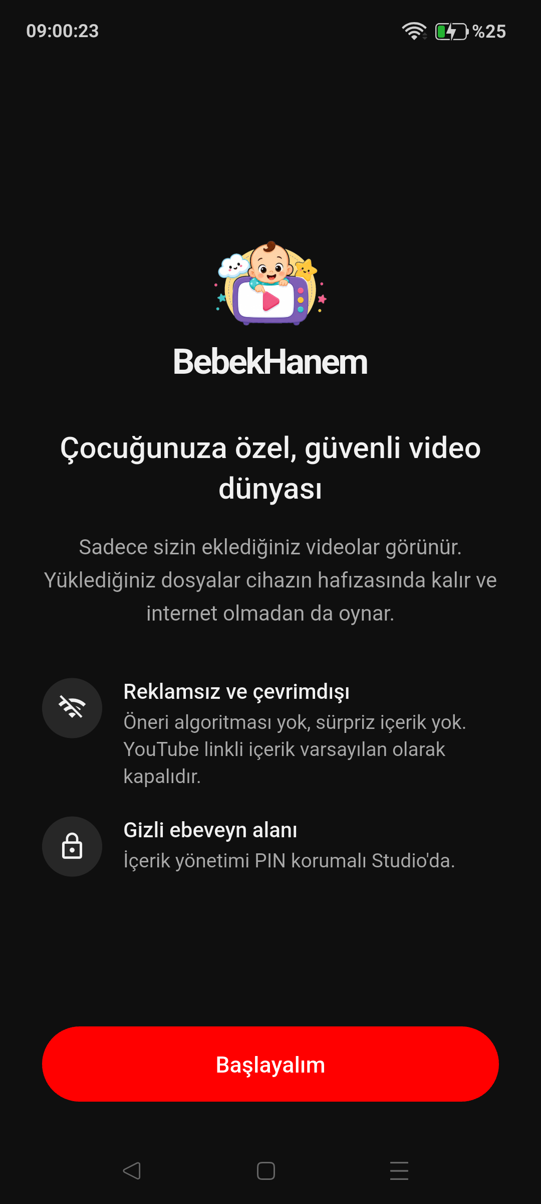 BebekHanem başlangıç ve çevrimdışı kullanım bilgilendirme ekranı