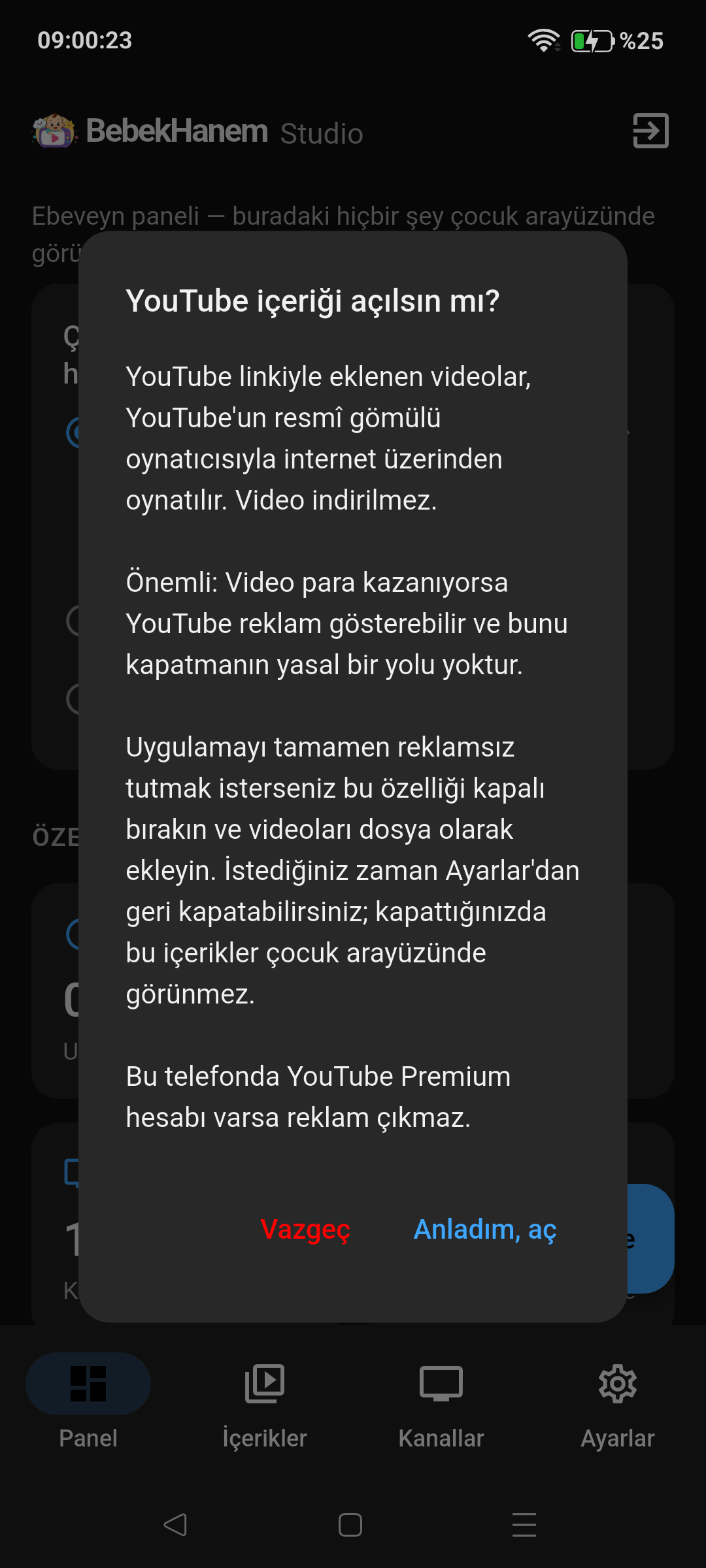 BebekHanem YouTube içerik ayarı ekranı